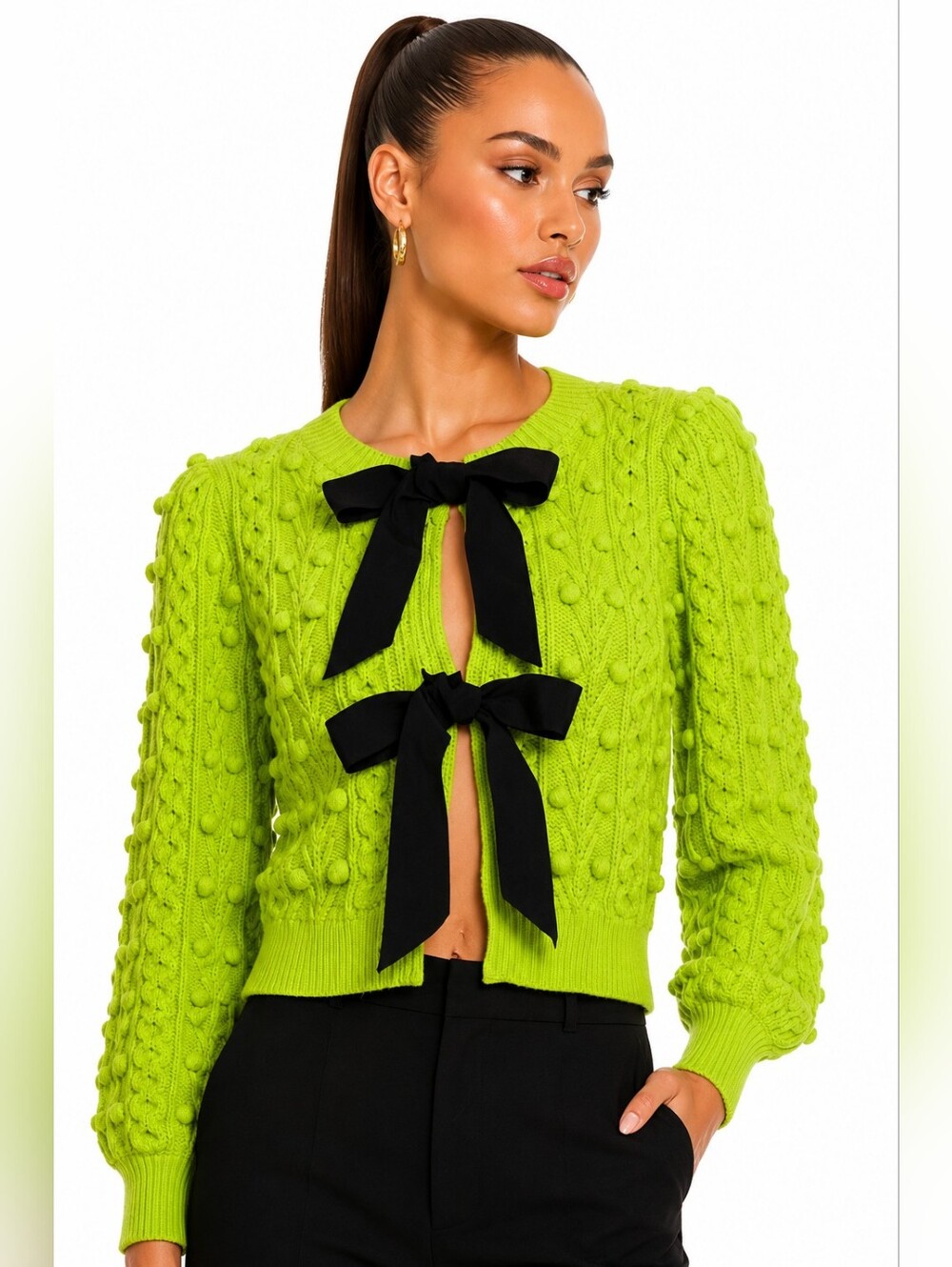 NWT Alice + Olivia Lime Green Kitty Bow Puff Sleeve Cardigan M $495